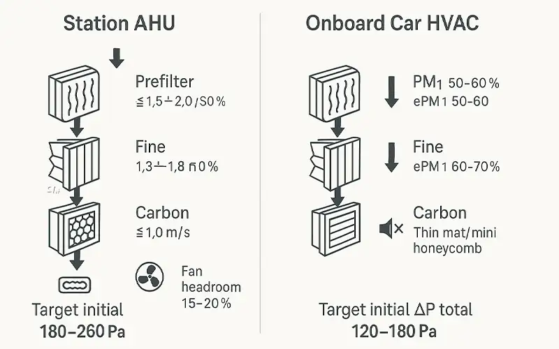 Elección de medios filtrantes para metros: Prefiltros ePM1, filtros finos y etapas de carbón activado