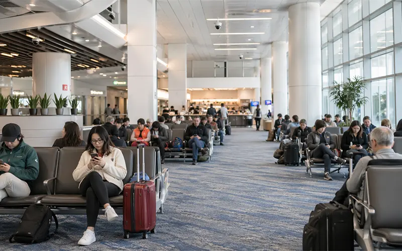 Área de espera aeroportuaria concurrida con pasajeros sentados, relacionada con salas lounge y zonas de espera en terminales aeroportuarias.
