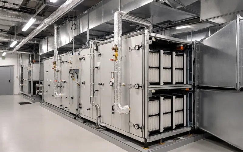 Área de mantenimiento aeroportuario con equipos HVAC y unidades de tratamiento de aire para aplicaciones de mantenimiento en aeropuertos.