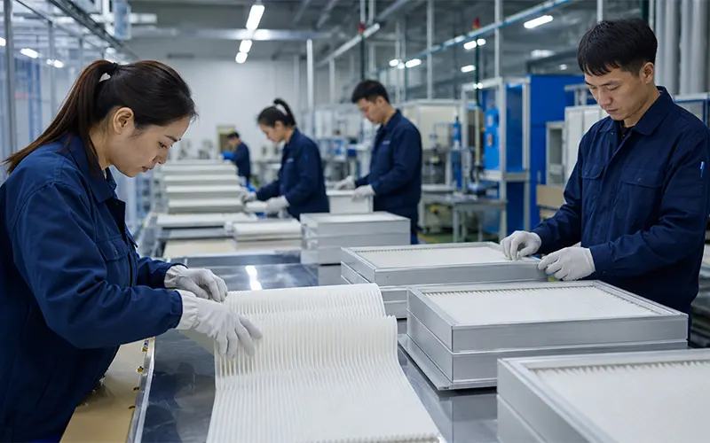 Trabajadores inspeccionando medio filtrante plisado durante la fabricación de filtros de aire personalizados.