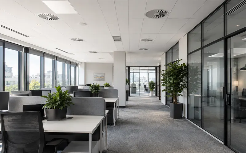 Filtración de aire para edificios de oficinas con sistema HVAC en un espacio de trabajo moderno.