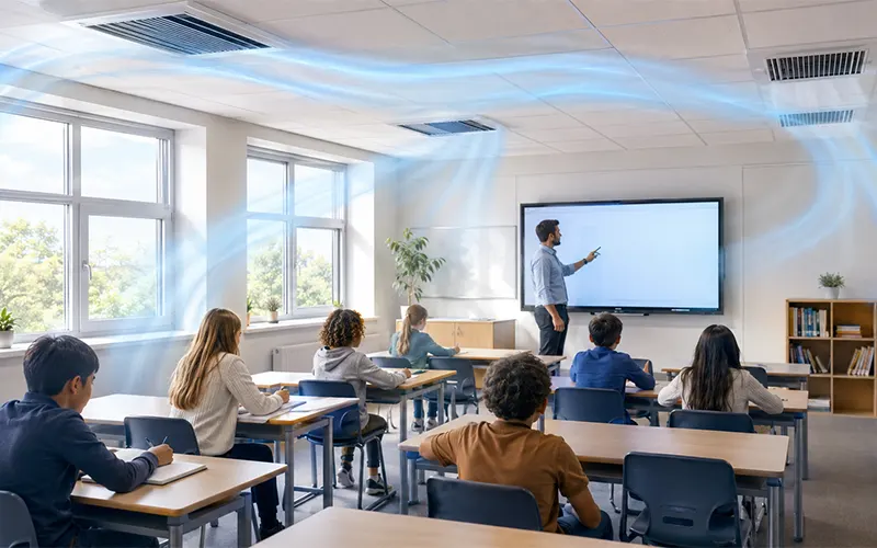 Filtración de aire en un aula moderna con sistemas HVAC para mejorar la calidad del aire interior.