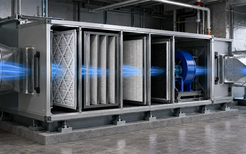 Sistema HVAC con filtros de aire para la filtración en edificios de oficinas.