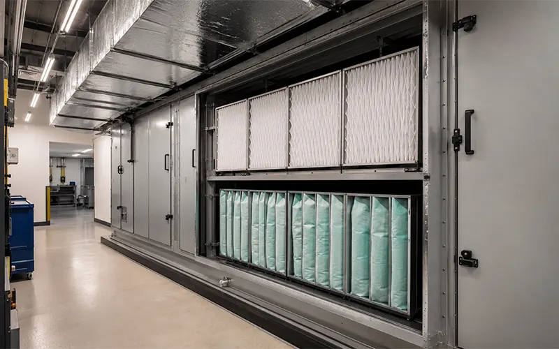 Filtros de aire HVAC instalados en una unidad de tratamiento de aire con filtros de panel y filtros de bolsa para sistemas de ventilación de lounges de aeropuertos.