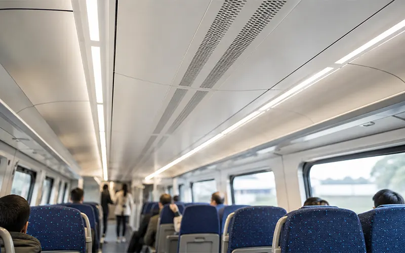 Interior moderno de un vagón de tren con sistema HVAC para la filtración de aire.
