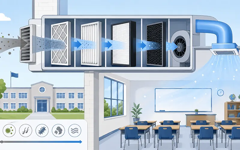 Sistema HVAC escolar con filtración multietapa para mejorar la calidad del aire interior en aulas y espacios compartidos.