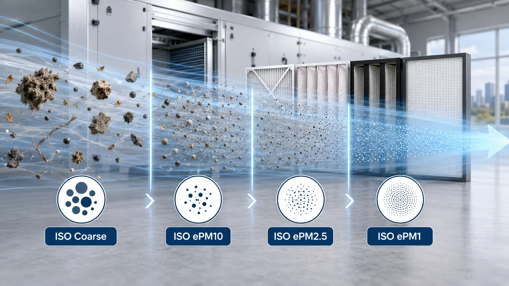 Clasificación ISO 16890 de filtros de aire HVAC según grupos de partículas ISO Coarse, ISO ePM10, ISO ePM2.5 e ISO ePM1.