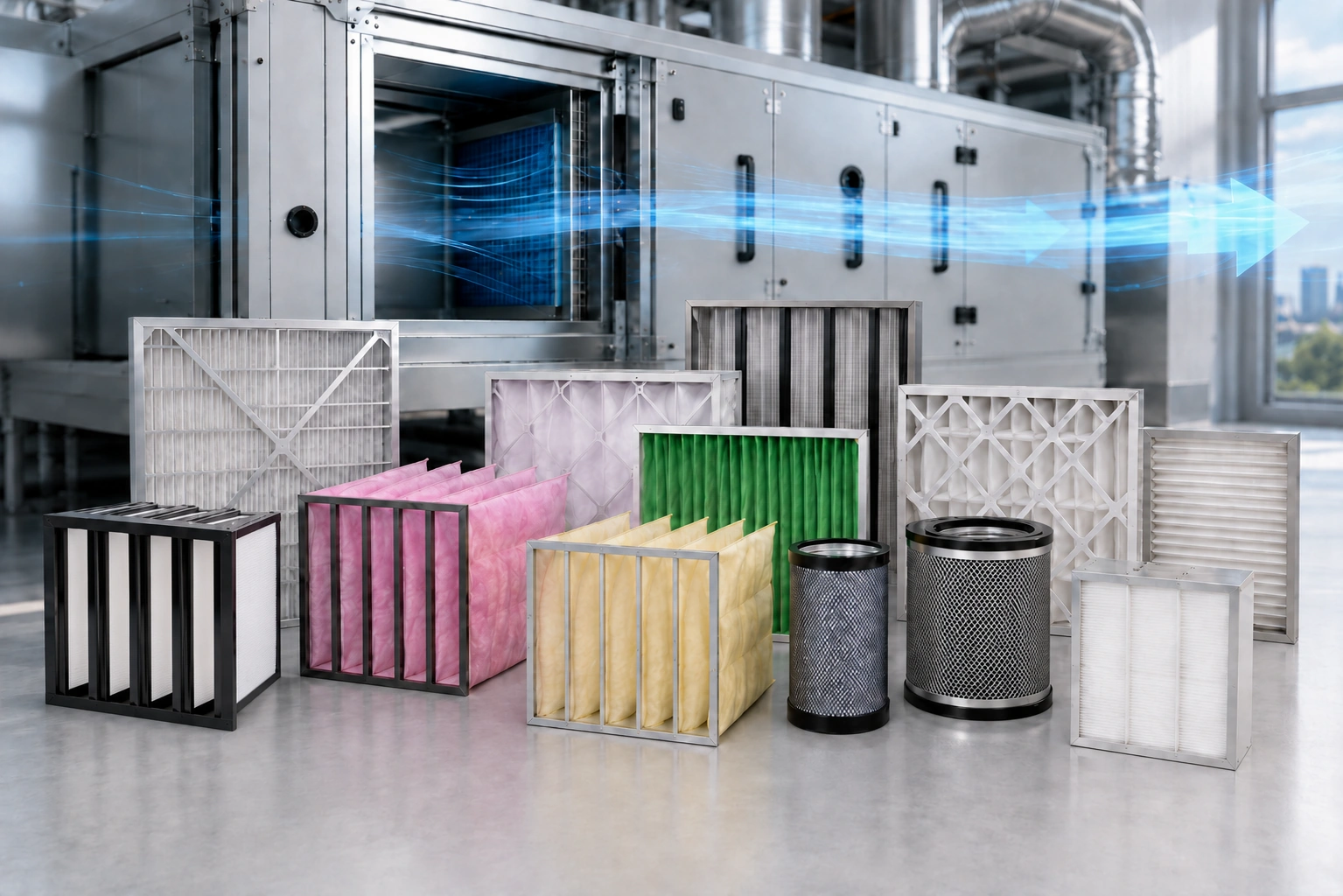 Diferentes tipos de filtros de aire HVAC utilizados en sistemas de filtración industrial.