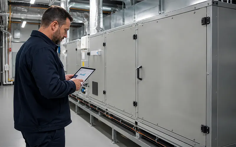 Responsable de instalaciones revisando registros de mantenimiento HVAC para planificar el reemplazo de filtros de aire.