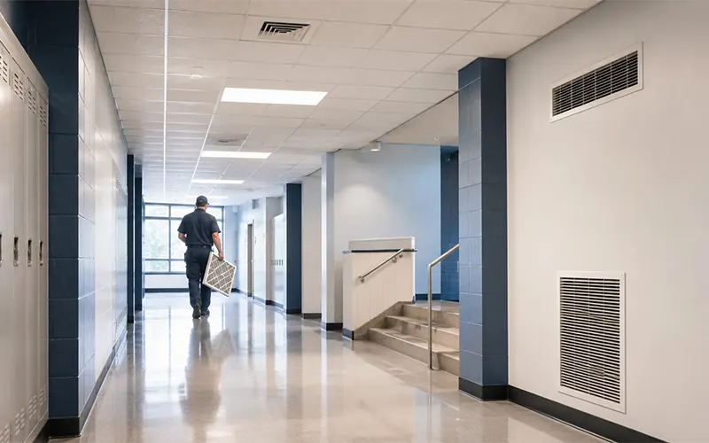 Pasillo de escuela o edificio público con difusores de ventilación en techo.