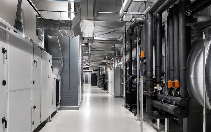 Pasillo mecánico de un centro de datos con sistema HVAC y filtros de aire de baja caída de presión.