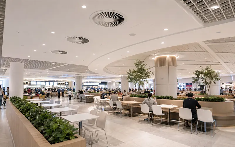 Patio de comida de un centro comercial con alta ocupación, una zona clave para la filtración de aire y la ventilación HVAC.