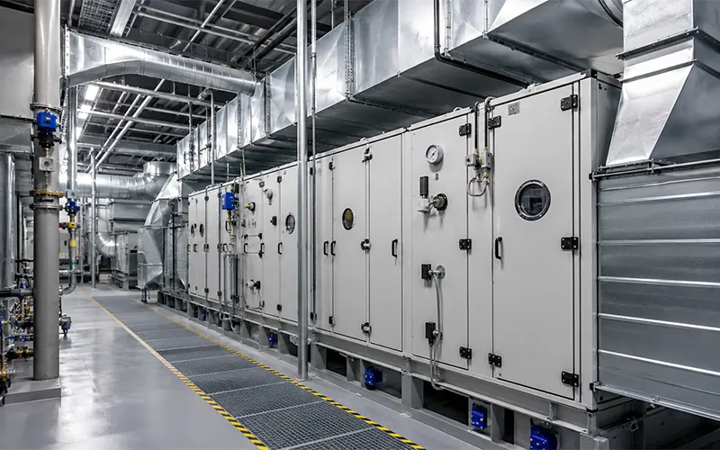 Sala mecánica HVAC comercial con filtros de aire de baja caída de presión en un sistema de alto caudal.