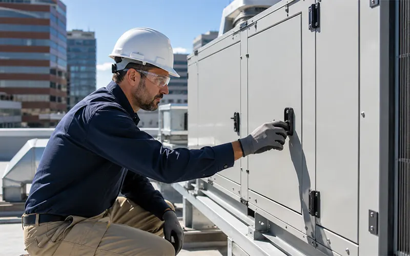 Técnico HVAC inspeccionando un sistema de climatización para la planificación del reemplazo de filtros de aire.