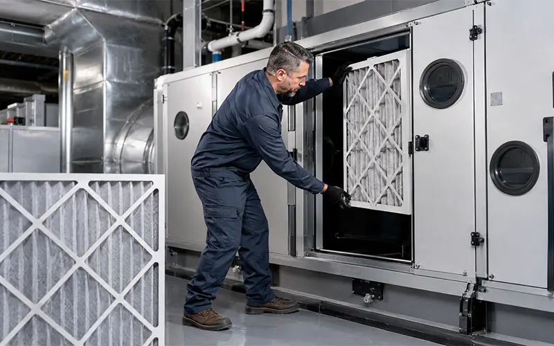 Técnico de mantenimiento reemplazando filtros HVAC de gran tamaño en un sistema de ventilación para centro comercial.