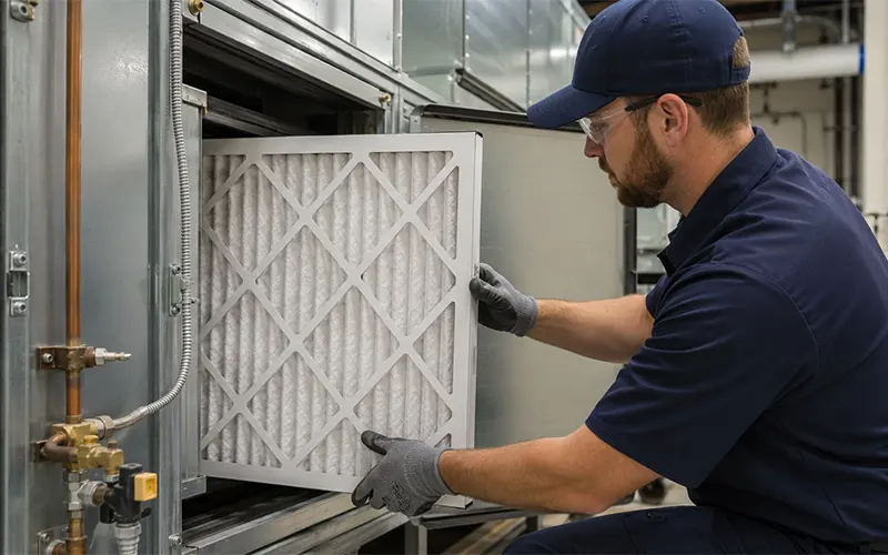 Técnico reemplazando un filtro de aire HVAC plisado para la filtración de aire en escuelas.