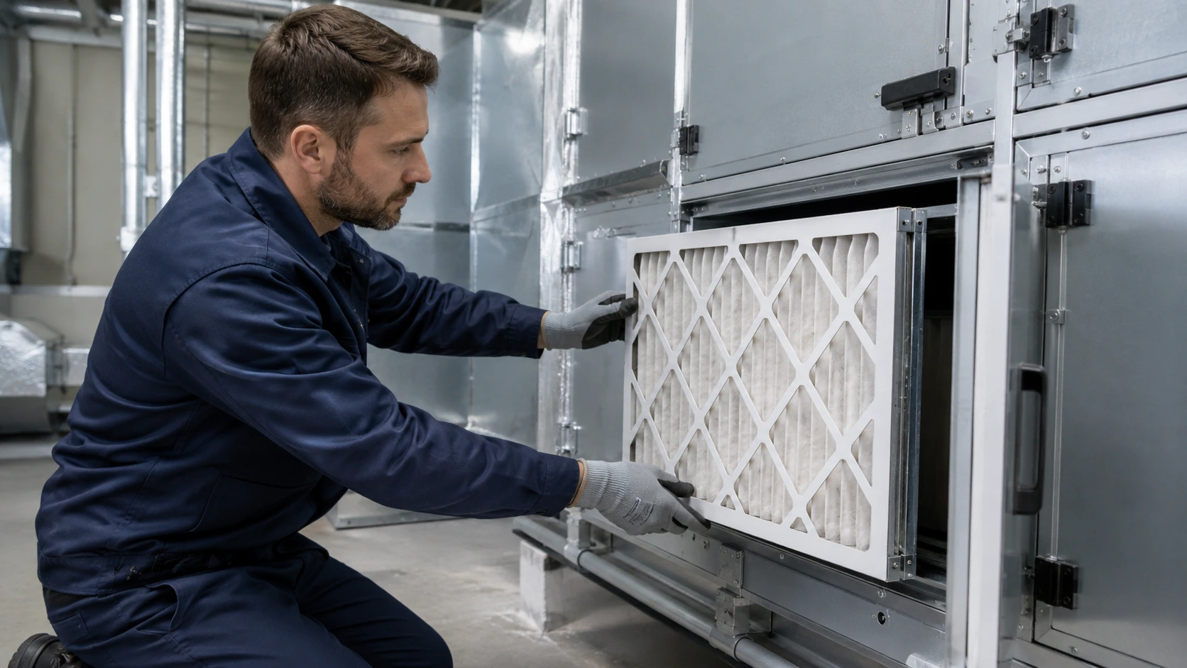 Técnico de mantenimiento sustituyendo un filtro de aire en una unidad HVAC tras revisar el sistema.