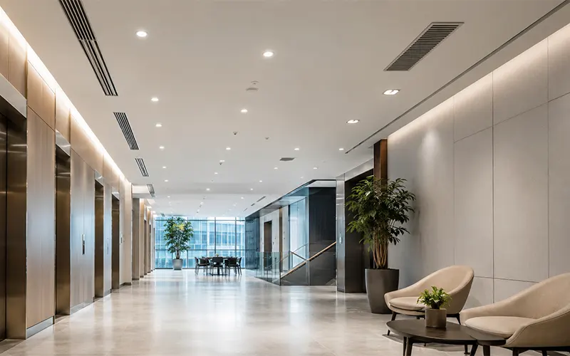 Vestíbulo de edificio comercial moderno con sistema HVAC, relacionado con la comparación entre filtros de panel y filtros de bolsa.