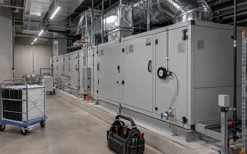 Cuarto técnico de un sistema HVAC comercial con unidad de tratamiento de aire y filtros de mantenimiento.