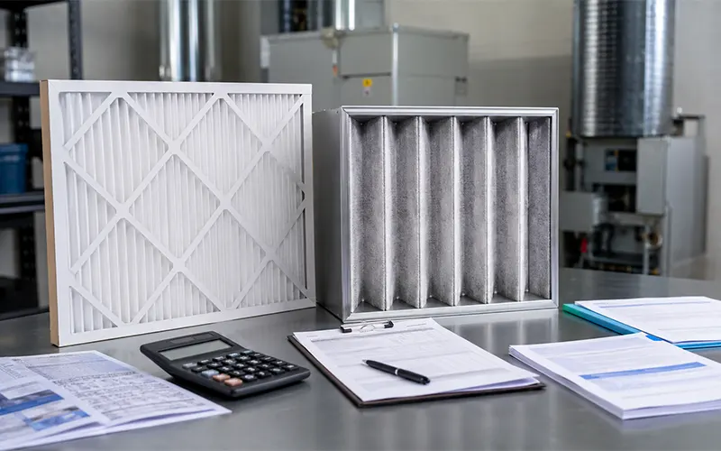 Comparación de dos filtros de aire HVAC con diferentes diseños.