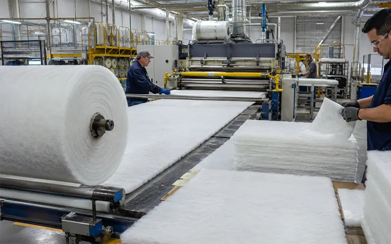 Fabricación de medios filtrantes de fibra de vidrio en rollos y formatos precortados para filtros arrestadores de pintura.