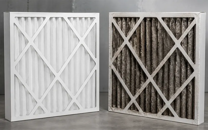Filtro HVAC plisado limpio junto a un filtro de sustitución cargado de polvo.
