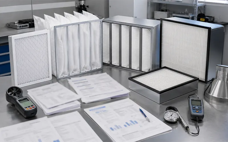 Filtros de aire HVAC con informes técnicos y equipos de medición para verificar su rendimiento.