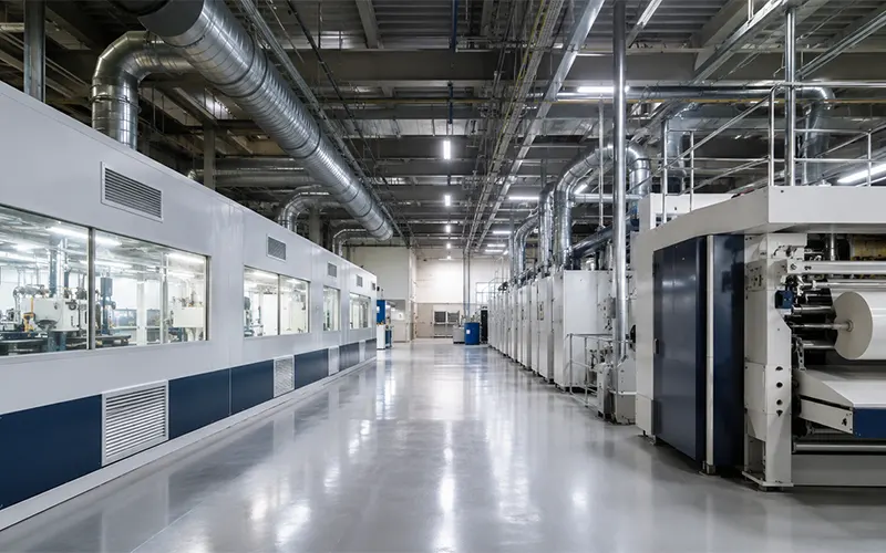 Pasillo de una planta de fabricación con sistemas HVAC para filtración de aire industrial.