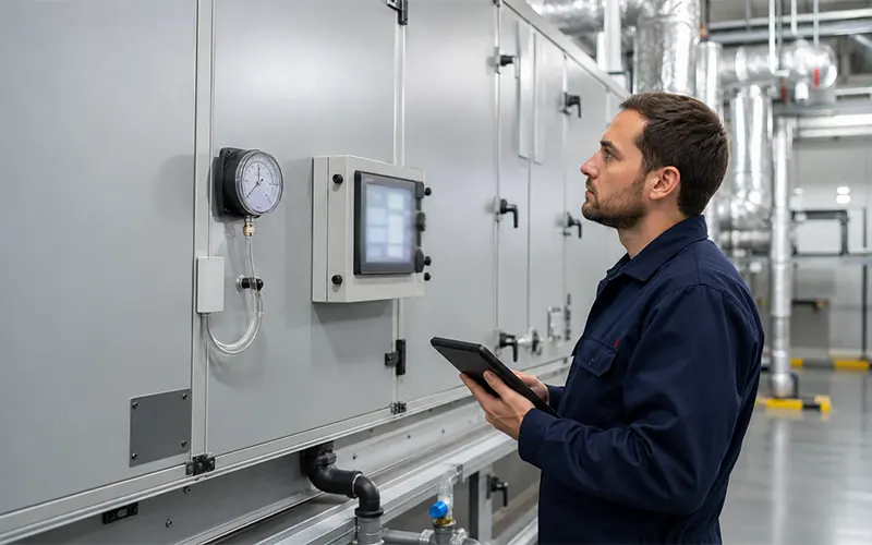 Técnico comprobando la presión diferencial para evaluar el estado de los filtros de aire HVAC.