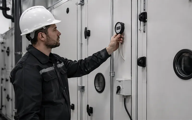Técnico HVAC revisando un manómetro de presión diferencial en un sistema de filtración de aire multietapa.