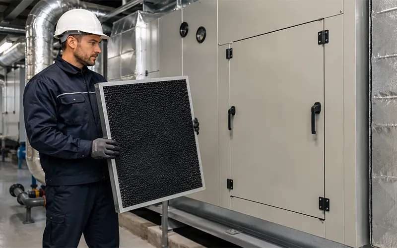 Técnico sosteniendo un filtro rígido de carbón activado para sistemas de filtración de aire.