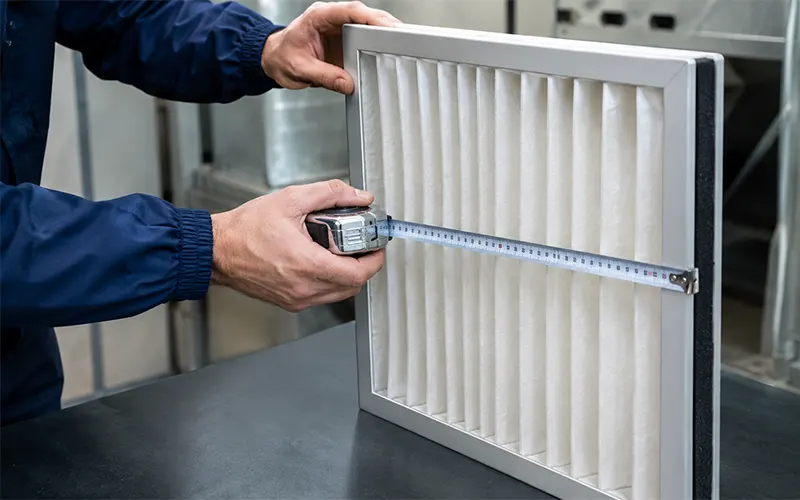 Técnico midiendo las dimensiones de un filtro de aire HVAC plisado.