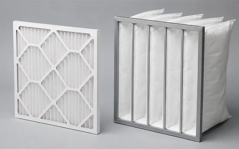 Dos filtros HVAC con las mismas dimensiones frontales y diferente diseño del medio filtrante.