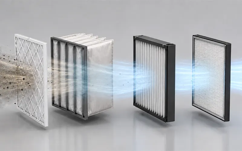Distintas etapas de filtración con filtros de aire HVAC dispuestos en orden.