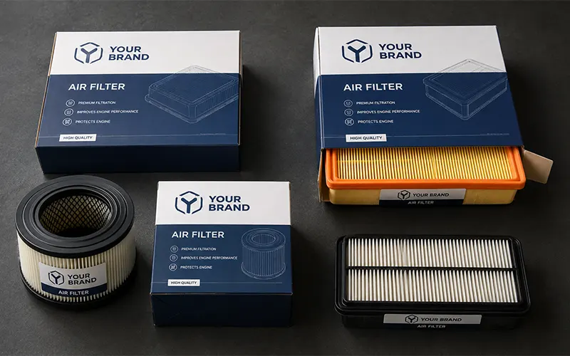 Filtros de aire OEM con embalaje de marca privada para fabricación personalizada.