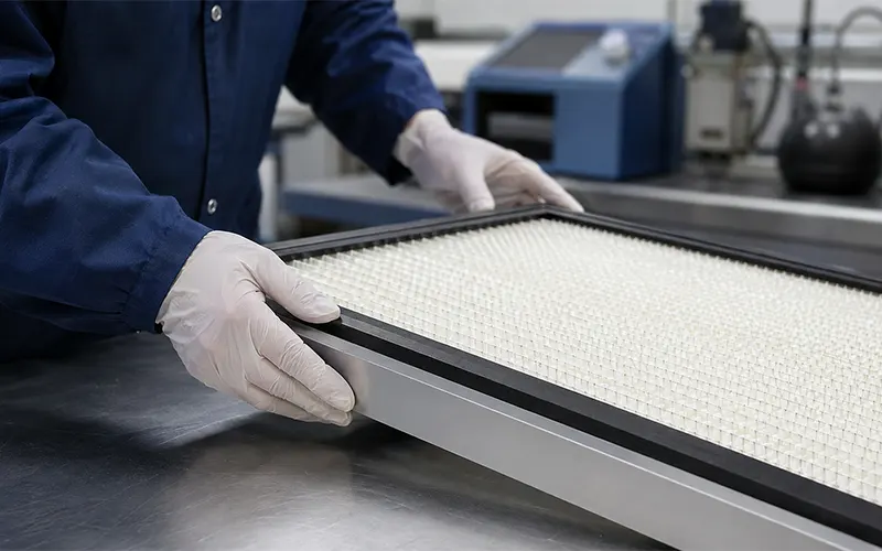 Inspección de un filtro HEPA rígido durante el proceso de fabricación.