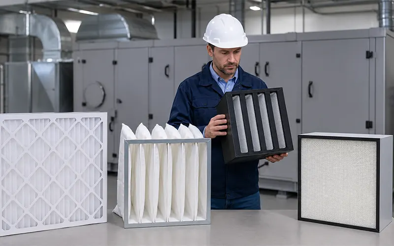 Ingeniero de instalaciones revisando diferentes filtros de aire para sistemas HVAC.