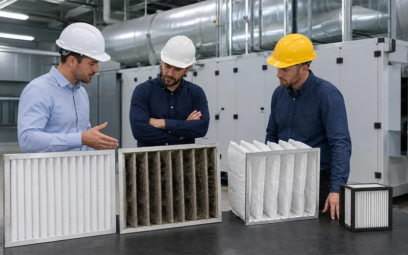 Ingenieros HVAC comparan filtros de aire limpios y cargados de polvo para evaluar su capacidad de retención de polvo.