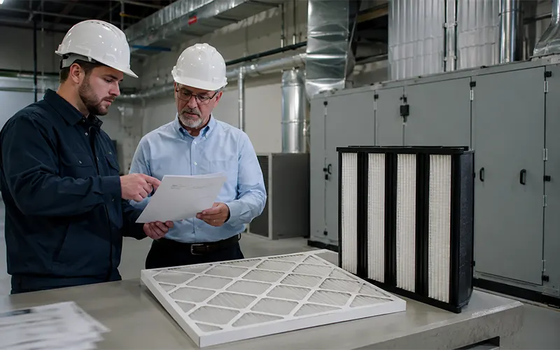 Ingenieros HVAC revisando cálculos de caudal de aire y la selección de filtros en una instalación industrial.