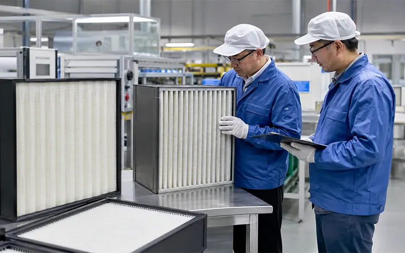 Ingenieros inspeccionando un filtro HEPA durante el proceso de fabricación.