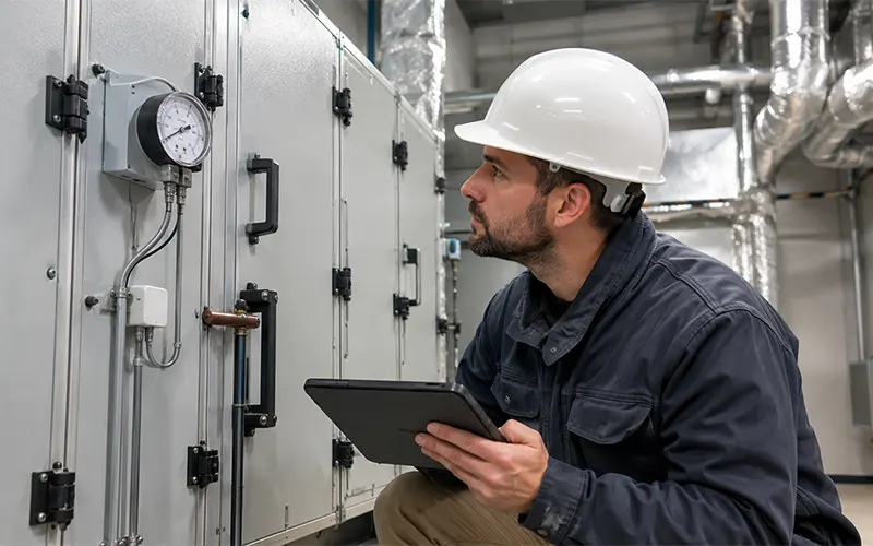 Técnico de mantenimiento con casco blanco y tableta digital inspeccionando un manómetro en un equipo de filtración de aire industrial.