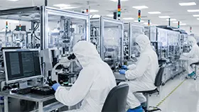 Instalación de fabricación de semiconductores o productos electrónicos con personal en un entorno de producción controlado.