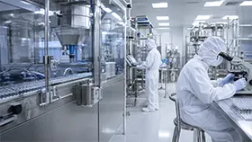 Instalación de producción farmacéutica y biotecnológica con personal en un entorno de producción controlado.