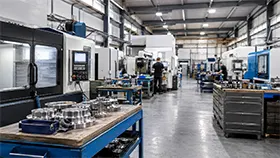 Taller de procesamiento y fabricación de metales con maquinaria industrial y piezas metálicas.