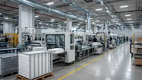 Planta de fabricación industrial con equipos de producción y sistemas de ventilación.