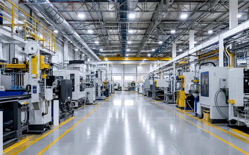 Planta de fabricación industrial con sistemas de ventilación y equipos de producción.
