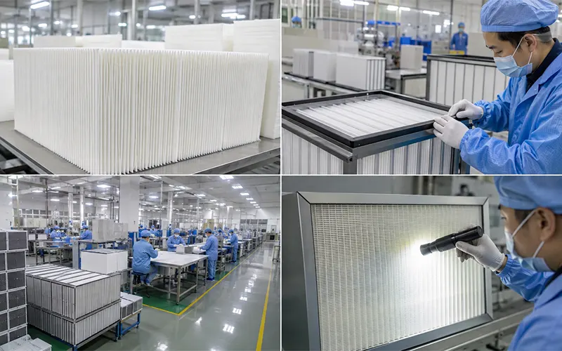 Producción e inspección de filtros HEPA mini-pleat en una planta de fabricación.