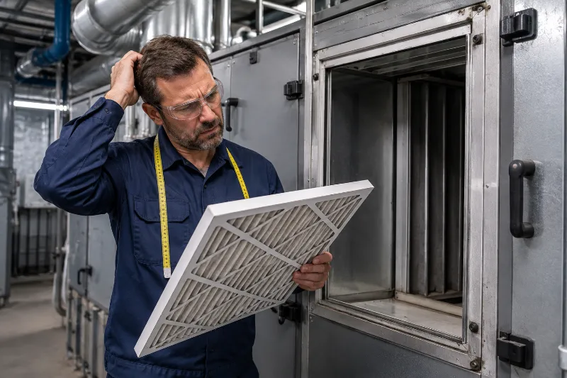 Técnico evaluando el ajuste de un filtro de aire personalizado para un sistema HVAC industrial.