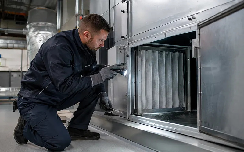 Técnico de mantenimiento inspeccionando el conducto HVAC aguas abajo del filtro para detectar señales de fugas por bypass.