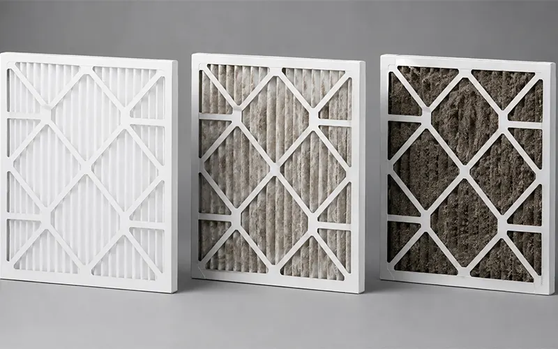 Tres filtros HVAC con niveles de carga de polvo limpio, moderado y elevado para comparar su capacidad de retención de polvo.